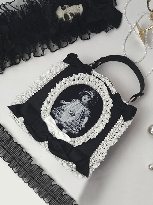 Gothic Black-White Antique Doll Newspaper Print Pearl Lace Decorate Gothic Lolita Shoulder Portable Bag