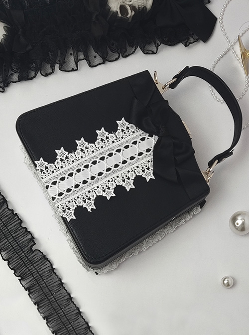 Gothic Black-White Antique Doll Newspaper Print Pearl Lace Decorate Gothic Lolita Shoulder Portable Bag