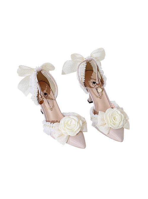 Sweet Lace Rhinestone Bowknot Pearl Ribbon Stiletto  Pointed-Toe Leather Shoes High Heels Classic Lolita Shoes