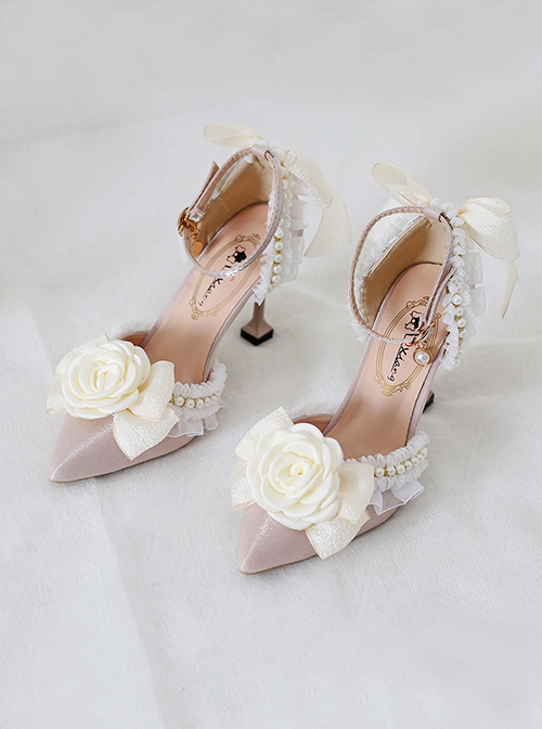 Sweet Lace Rhinestone Bowknot Pearl Ribbon Stiletto  Pointed-Toe Leather Shoes High Heels Classic Lolita Shoes