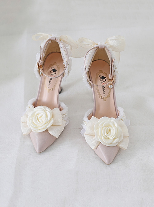 Sweet Lace Rhinestone Bowknot Pearl Ribbon Stiletto  Pointed-Toe Leather Shoes High Heels Classic Lolita Shoes