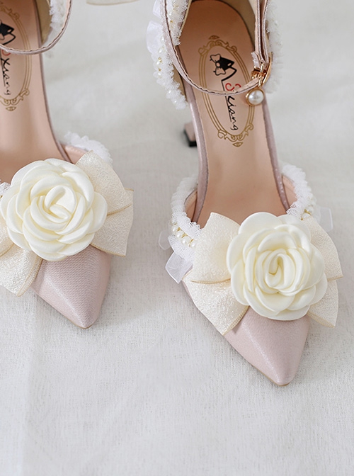 Sweet Lace Rhinestone Bowknot Pearl Ribbon Stiletto  Pointed-Toe Leather Shoes High Heels Classic Lolita Shoes