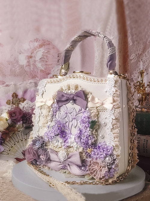 Purple Gorgeous Retro Stereoscopic Flower Decoration Pearl Chain Elegant Classic Lolita Shoulder Portable Bag