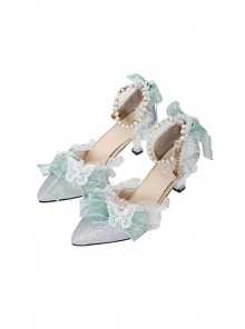 Elegant Pure Color Lace Butterfly Bowknot Decorated Pearl Pointed Toe Stiletto High Heels Classic Lolita Shoes