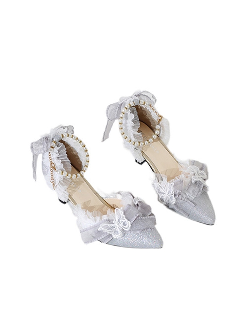 Elegant Pure Color Lace Butterfly Bowknot Decorated Pearl Pointed Toe Stiletto High Heels Classic Lolita Shoes