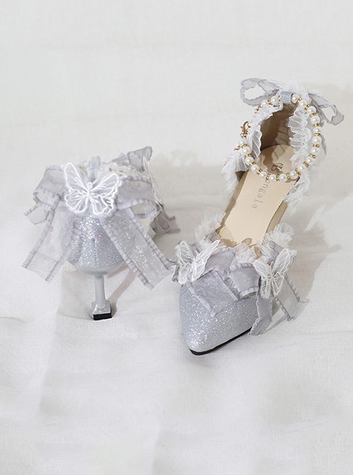 Elegant Pure Color Lace Butterfly Bowknot Decorated Pearl Pointed Toe Stiletto High Heels Classic Lolita Shoes