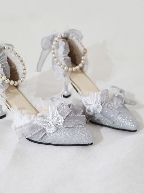 Elegant Pure Color Lace Butterfly Bowknot Decorated Pearl Pointed Toe Stiletto High Heels Classic Lolita Shoes