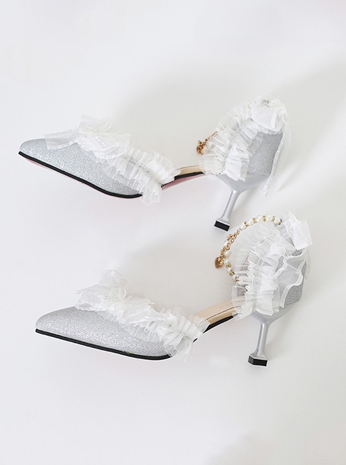 Elegant Pure Color Lace Butterfly Bowknot Decorated Pearl Pointed Toe Stiletto High Heels Classic Lolita Shoes