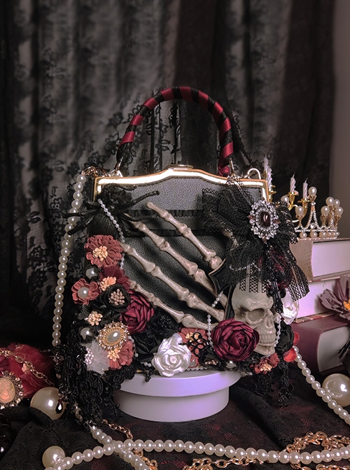 Gorgeous Gothic Stereoscopic Flower Decoration Skull Spider Retro Horror Black Red Halloween Gothic Lolita Shoulder Portable Bag