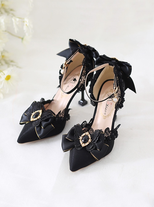 Handmade Black Bowknot Lace Gem Decorated Pointed Toe Stiletto High Heels Classic Lolita Shoes