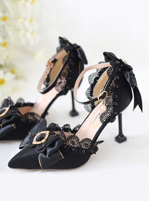 Handmade Black Bowknot Lace Gem Decorated Pointed Toe Stiletto High Heels Classic Lolita Shoes