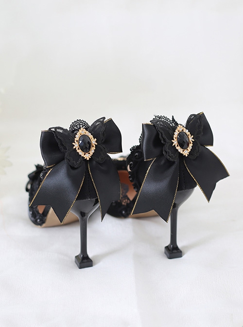 Handmade Black Bowknot Lace Gem Decorated Pointed Toe Stiletto High Heels Classic Lolita Shoes