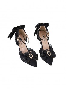 Elegant Black Rhinestone Butterfly Bowknot Lace Pointed Toe High Heels Classic Lolita Shoes