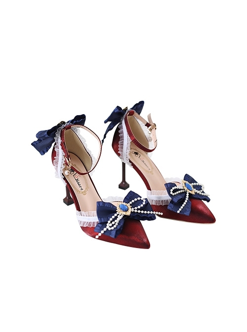 Sweet Lace Rhinestone Blue Bowknot Pearl Ribbon Decoration Pointy Design Sweet Lolita Shoes