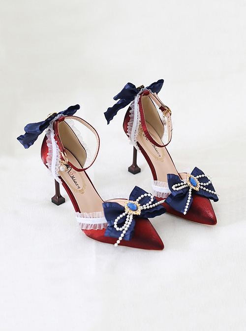 Sweet Lace Rhinestone Blue Bowknot Pearl Ribbon Decoration Pointy Design Sweet Lolita Shoes