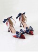 Sweet Lace Rhinestone Blue Bowknot Pearl Ribbon Decoration Pointy Design Sweet Lolita Shoes