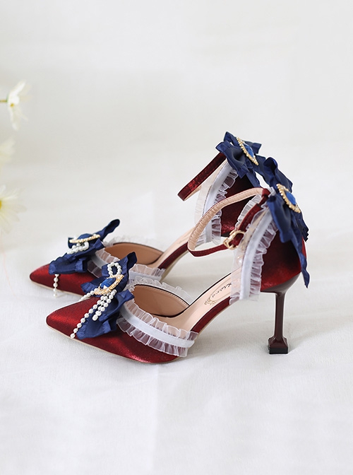 Sweet Lace Rhinestone Blue Bowknot Pearl Ribbon Decoration Pointy Design Sweet Lolita Shoes