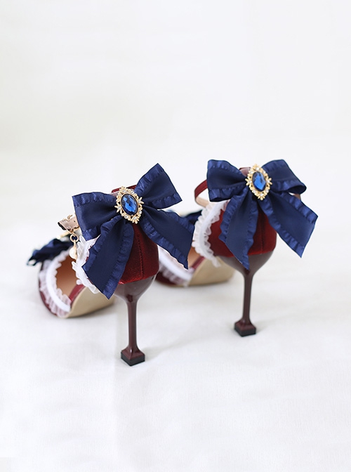 Sweet Lace Rhinestone Blue Bowknot Pearl Ribbon Decoration Pointy Design Sweet Lolita Shoes