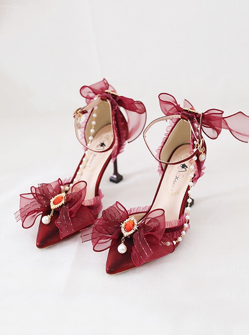 Red Rhinestone Lace Pearl Bowknot Pointed Toe Stiletto High Heels Sweet Lolita Shoes