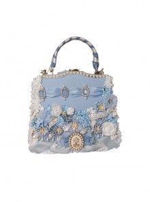 Blue Ribbon Ornate Stereoscopic Flower Vintage Pearl Gem Decoration Classic Lolita Messenger Portable Bag