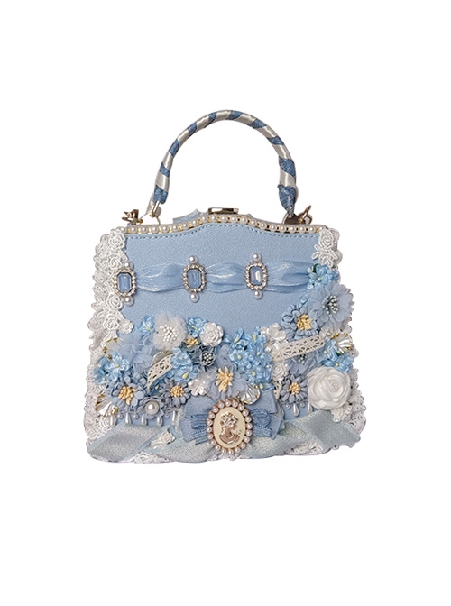 Blue Ribbon Ornate Stereoscopic Flower Vintage Pearl Gem Decoration Classic Lolita Messenger Portable Bag