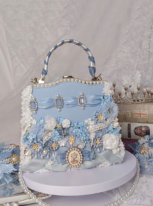 Blue Ribbon Ornate Stereoscopic Flower Vintage Pearl Gem Decoration Classic Lolita Messenger Portable Bag