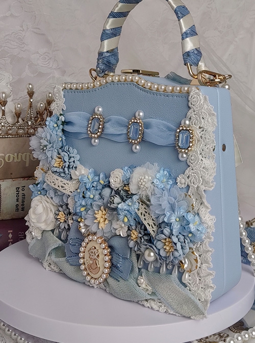 Blue Ribbon Ornate Stereoscopic Flower Vintage Pearl Gem Decoration Classic Lolita Messenger Portable Bag