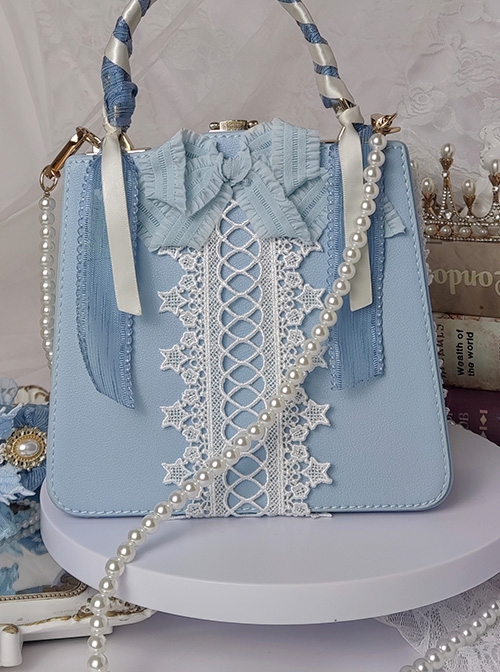 Blue Ribbon Ornate Stereoscopic Flower Vintage Pearl Gem Decoration Classic Lolita Messenger Portable Bag