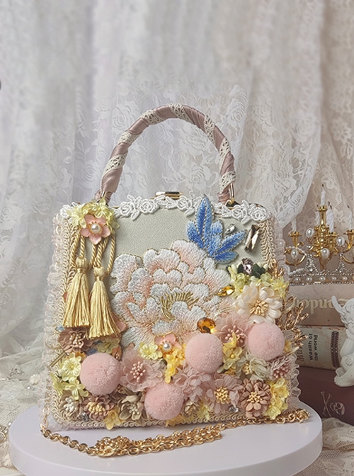 Chinese Style Peony Rabbit Embroidery Pink Cute Fur Ball Flower Tassel Decoration Classic Lolita Shoulder Portable Bag