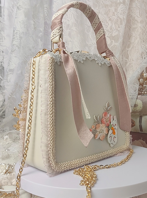 Chinese Style Peony Rabbit Embroidery Pink Cute Fur Ball Flower Tassel Decoration Classic Lolita Shoulder Portable Bag