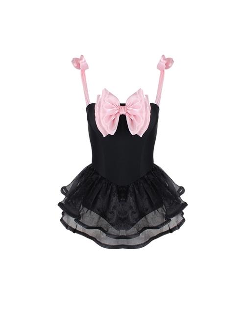 Black Slim Fit Pink Bowknot Tie Mesh Skirt Sleeveless One-Piece Swimsuit