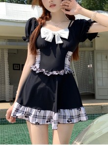 Vacation Cute Black Slim Bowknot Cherry Black-White Plaid One-Piece Swimsuit