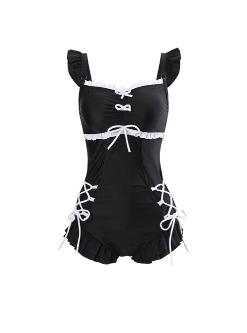 Pure Color Backless Bowknot Lace-Up Slim Lace Sleeveless One-Piece Swimsuit