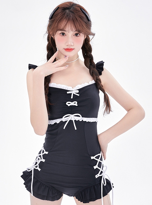 Pure Color Backless Bowknot Lace-Up Slim Lace Sleeveless One-Piece Swimsuit