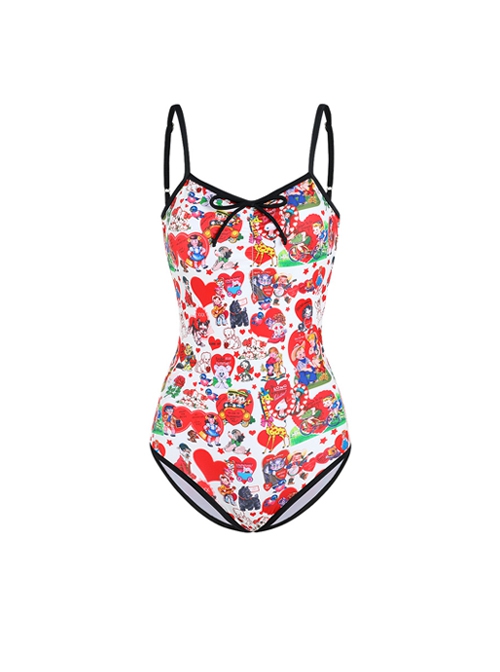 Sexy Little Fresh Graphic Print Design Backless Bowknot Decoration Sleeveless One-Piece Swimsuit