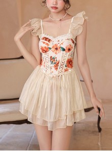 Retro Broken Flowers Bowknot Lace-Up Slim Fit Backless Sexy Sleeveless One-Piece Swimsuit