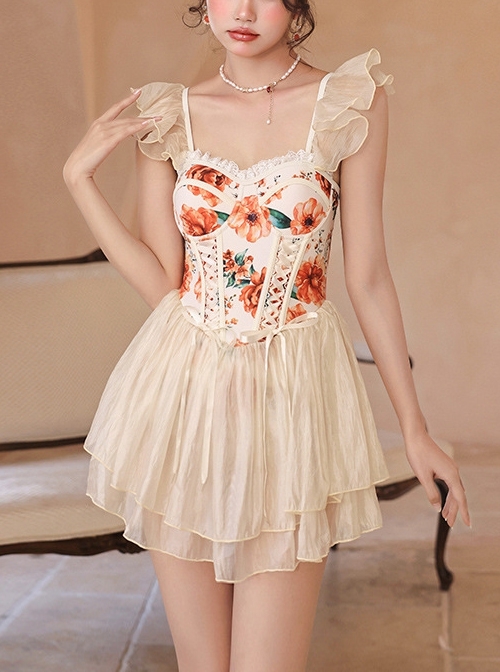 Retro Broken Flowers Bowknot Lace-Up Slim Fit Backless Sexy Sleeveless One-Piece Swimsuit