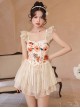 Retro Broken Flowers Bowknot Lace-Up Slim Fit Backless Sexy Sleeveless One-Piece Swimsuit