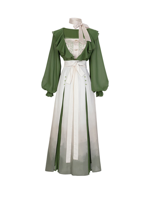 Chinese Style Bamboo Embroidery Improved Han Element Daily Gradient Hem Design Green Hanfu Top Skirt Set