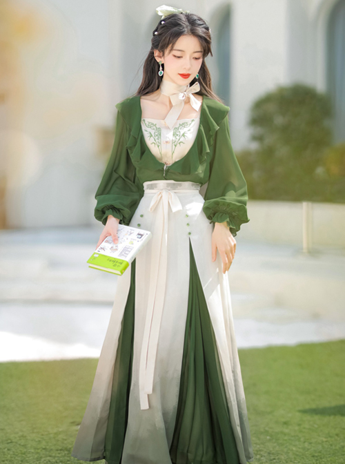 Chinese Style Bamboo Embroidery Improved Han Element Daily Gradient Hem Design Green Hanfu Top Skirt Set