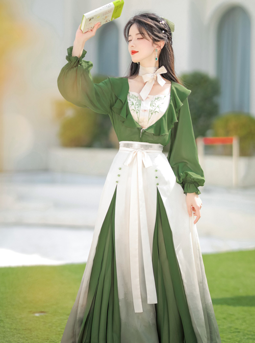 Chinese Style Bamboo Embroidery Improved Han Element Daily Gradient Hem Design Green Hanfu Top Skirt Set