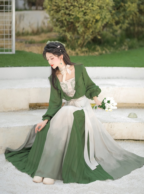 Chinese Style Bamboo Embroidery Improved Han Element Daily Gradient Hem Design Green Hanfu Top Skirt Set