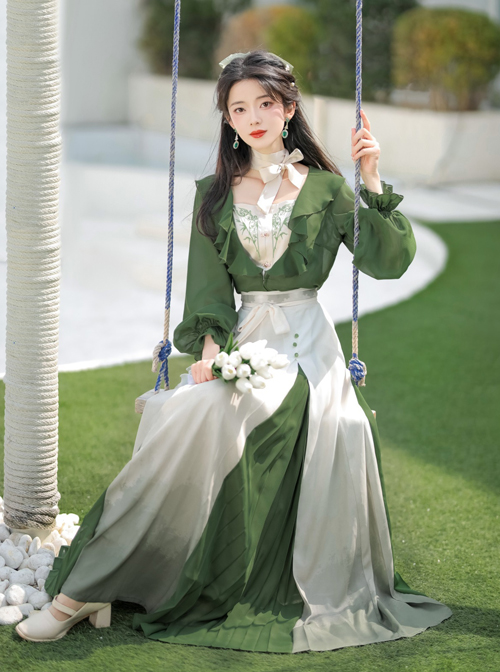 Chinese Style Bamboo Embroidery Improved Han Element Daily Gradient Hem Design Green Hanfu Top Skirt Set