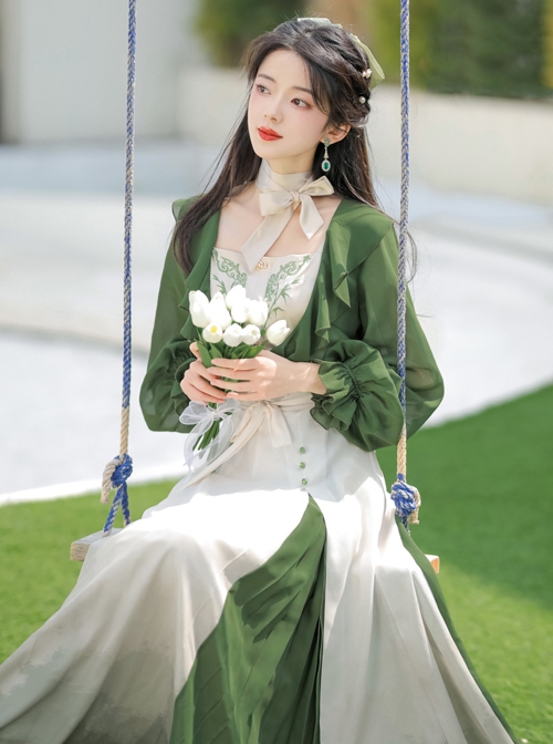 Chinese Style Bamboo Embroidery Improved Han Element Daily Gradient Hem Design Green Hanfu Top Skirt Set