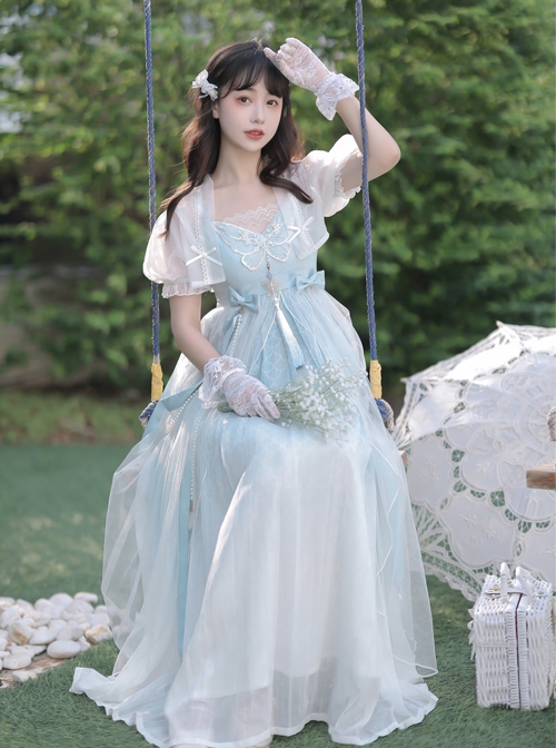 Dragon Girl Series Light Blue Gradient Chinese Style Improved Han Elements Hanfu Dragon Scale Printing Butterfly Embroidery Sleeveless Dress Set