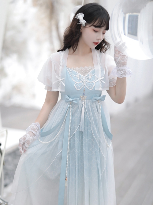 Dragon Girl Series Light Blue Gradient Chinese Style Improved Han Elements Hanfu Dragon Scale Printing Butterfly Embroidery Sleeveless Dress Set