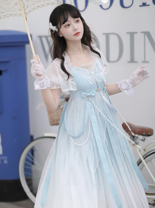 Dragon Girl Series Light Blue Gradient Chinese Style Improved Han Elements Hanfu Dragon Scale Printing Butterfly Embroidery Sleeveless Dress Set