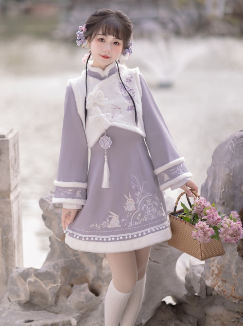 Purple Cloud Rabbit Series Chinese Style Improved Cheongsam Purple Rabbit Embroidered Plush Autumn Winter Stand Collar Hanfu Long-Sleeved Dress Suit