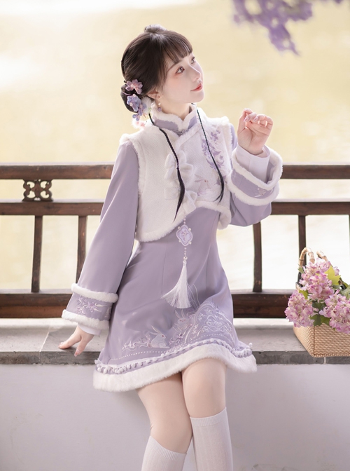 Purple Cloud Rabbit Series Chinese Style Improved Cheongsam Purple Rabbit Embroidered Plush Autumn Winter Stand Collar Hanfu Long-Sleeved Dress Suit