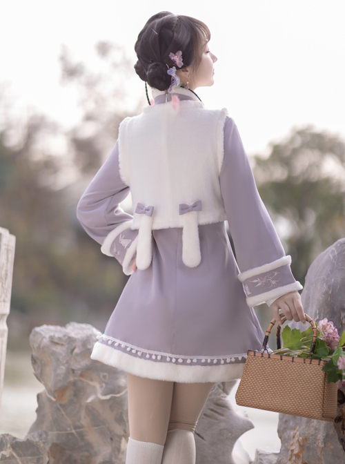 Purple Cloud Rabbit Series Chinese Style Improved Cheongsam Purple Rabbit Embroidered Plush Autumn Winter Stand Collar Hanfu Long-Sleeved Dress Suit